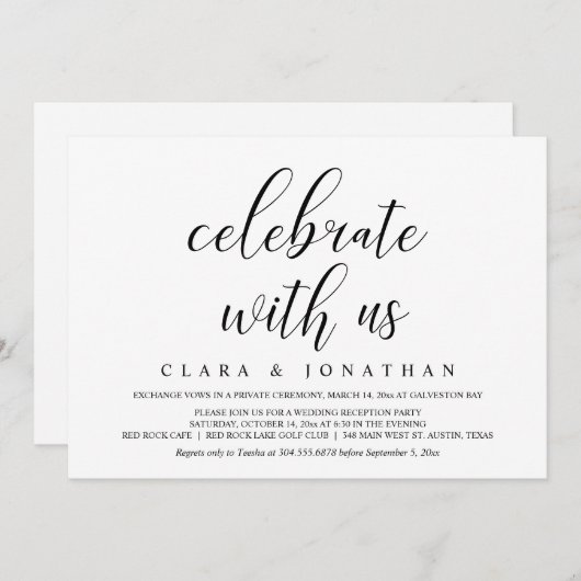 Weddenschap Elopement, Elegant Reception Party Inv Kaart (Voorkant / Achterkant)