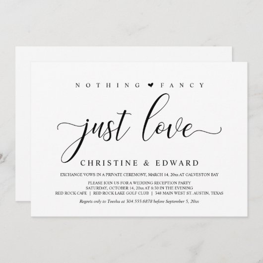 Weddenschap Elopement, Elegant Reception Party Inv Kaart (Voorkant / Achterkant)