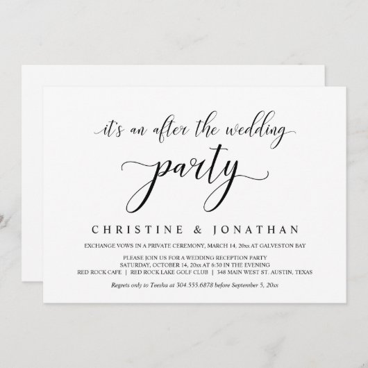 Weddenschap Elopement, Elegant Reception Party Inv Kaart (Voorkant / Achterkant)