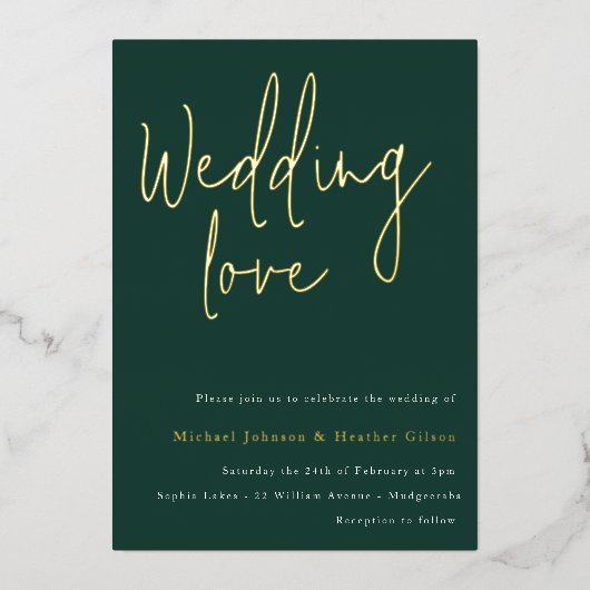 Weddenschap: Emerald Green Gold Designer Wedding Folie Uitnodiging (Voorkant)