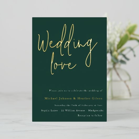 Weddenschap: Emerald Green Gold Designer Wedding Folie Uitnodiging (Staand Voorkant)