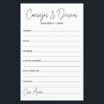 Weddenschap en wens Spaans<br><div class="desc">Deze eenvoudige, zwarte en witte, moderne, minimale, handgeschreven script Spaans Advice & Wishes/Consejos y Deseos sheets zijn perfect om vrijgezellenfeest, repetitief diner of huwelijksgasten te laten invullen voor het gelukkige paar. Mensen zullen graag de herinneringen krijgen - ze maken het zo makkelijk om liefhebbende woorden van advies en welwillendheid achter...</div>