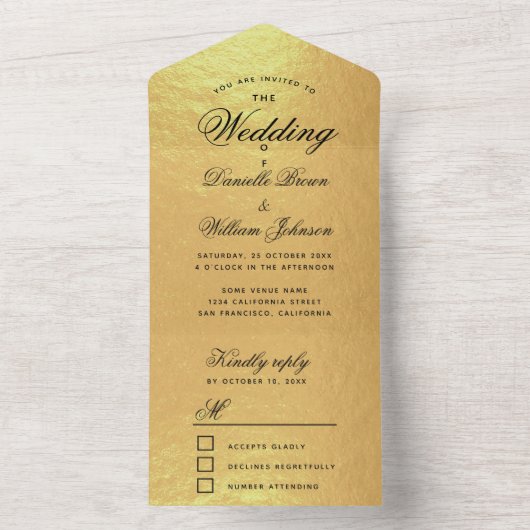 Weddenschap Faux Gold Foil Elegant Black Script RS All In One Uitnodiging (Binnen)