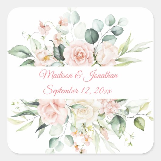 Weddenschap Floral Elegant Pink Chic Date Script Vierkante Sticker (Voorkant)