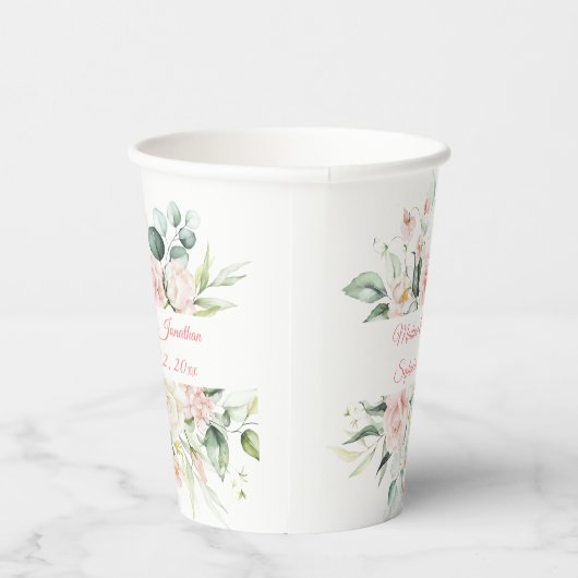 Weddenschap Floral Elegant Pink Date Script Names Papieren Bekers (Rechts)