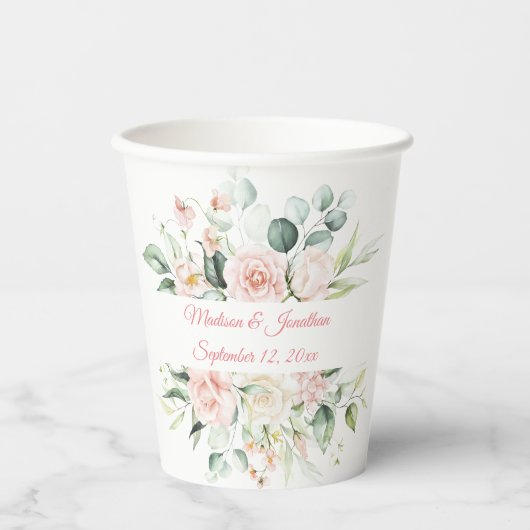 Weddenschap Floral Elegant Pink Date Script Names Papieren Bekers (Voorkant)
