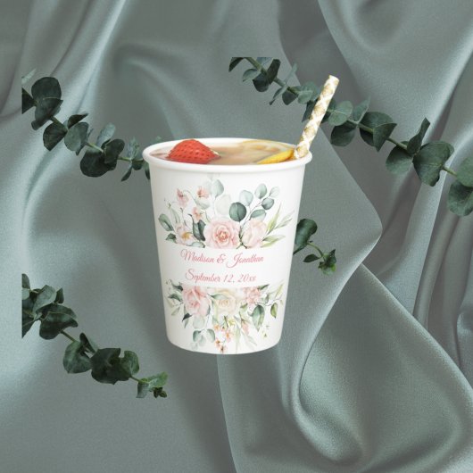 Weddenschap Floral Elegant Pink Date Script Names Papieren Bekers
