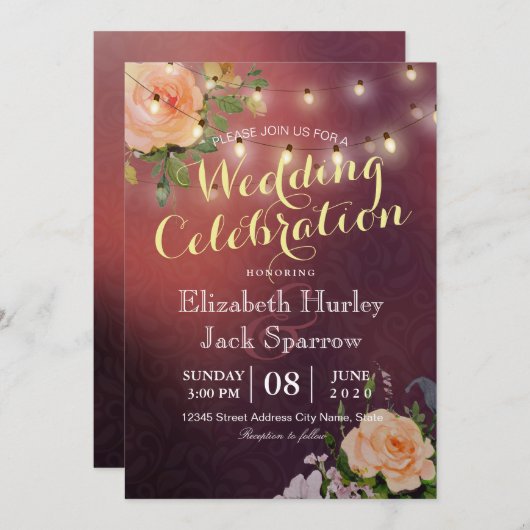 Weddenschap Floral en String Lights Burgundy Kaart (Voorkant / Achterkant)