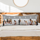 Weddenschap Foto Collage 7 Afbeelding grijs wit GE Lichaamskussen<br><div class="desc">Aangepaste trouwfotolijfkussens met MARRIED, gedrukt in elegante typografie. Het ontwerp heeft een neutraal kleurenpalet in grijs en wit - dat u kunt uitgeven om uw huisdecor aan te passen. (Bericht me als u hulp nodig hebt.) Het fotomalplaatje is opstelling voor u om 7 van uw favoriete afbeeldingen toe te voegen...</div>