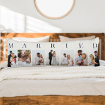 Weddenschap Foto collage 7 Afbeelding Wit gemarine Lichaamskussen<br><div class="desc">Aangepaste trouwfotolijfkussens met MARRIED, gedrukt in elegante typografie. Het ontwerp heeft een neutraal kleurenpalet in van wit en donkerblauw - dat u kunt uitgeven om uw huisdecor aan te passen. (Bericht me als u hulp nodig hebt.) Het fotomalplaatje is opstelling voor u om 7 van uw favoriete afbeeldingen toe te...</div>