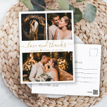 Weddenschap Foto Collage Love en Bedankt Bedankt P Briefkaart<br><div class="desc">Moderne, elegante, met de hand gekartelde gouden en witte bruiloft foto Collage Hartelijk dank. Minimalistische bruiloft bedankt je sjabloon met drie foto's op de voorkant en één foto op de achterkant. Met de tekst "Liefde en bedankt" in een handgeschreven lettertype van typografie met letters en een gouden kleur op een...</div>
