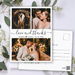 Weddenschap Foto Collage Love en Bedankt Hartelijk Briefkaart<br><div class="desc">Moderne, Elegant Hand Lettered Wedding Foto Collage Dank je poster. Minimalistische bruiloft bedankt je sjabloon met drie foto's op de voorkant en één foto op de achterkant. Met de tekst "Liefde en bedankt" in een handgeschreven lettertype van typografie met letters met een schuine streep in zwarte kleur op een witte...</div>