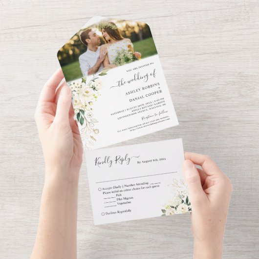 Weddenschap Foto Greenery Ivory White Gold Floral All In One Uitnodiging (Afscheurbaar)