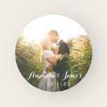 Weddenschap Foto modern whimsical Script Ronde Sticker<br><div class="desc">De foto van het huwelijk met een modern wit witboek.</div>