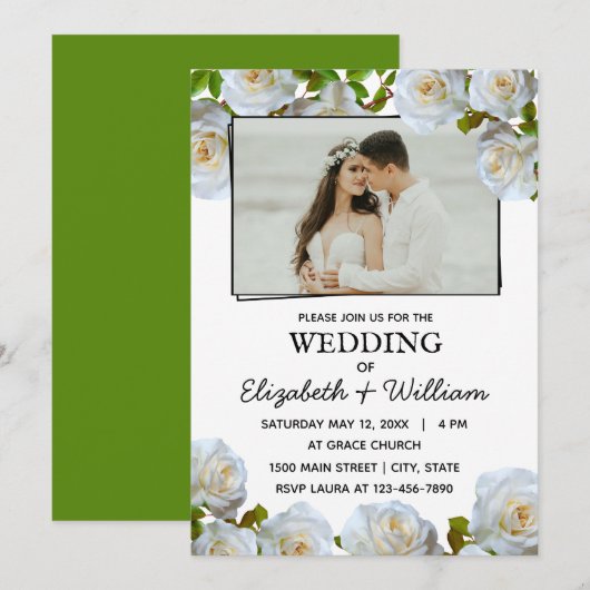Weddenschap Foto Romantic White Flowers Uitnodigin Kaart (Voorkant / Achterkant)