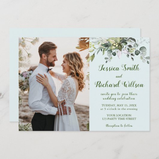 Weddenschap FOTO Uitnodiging Eucalyptus Waterverf (Voorkant / Achterkant)