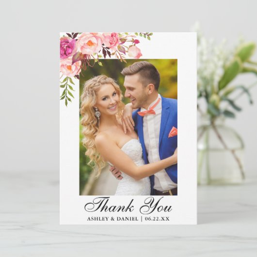 Weddenschap Foto Waterverf Roze Floral Bedankkaart (Staand voorkant)