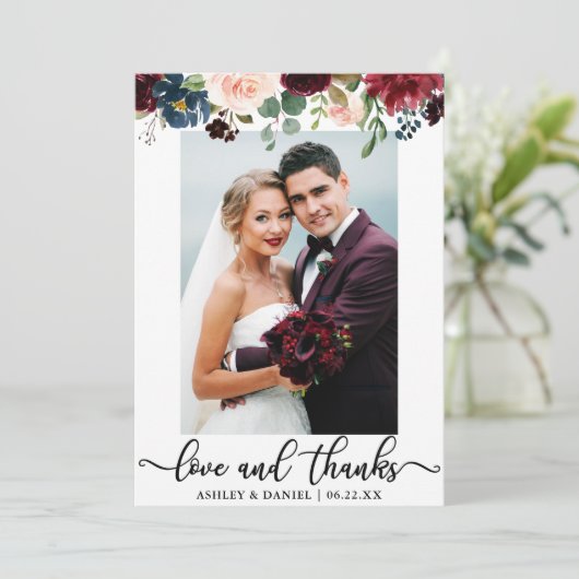 Weddenschap Foto's en Bedankt Burgundy Blue Floral (Staand voorkant)