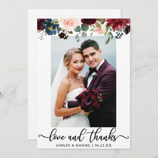 Weddenschap Foto's en Bedankt Burgundy Blue Floral (Voorkant / Achterkant)