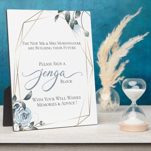 Weddenschap Gastboek Jenga Piece Dusty Blue Floral Fotoplaat (Zijkant)