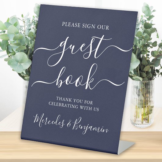 Weddenschap Gastboek Modern Script Navy Blue Reclamebord Met Voetstuk
