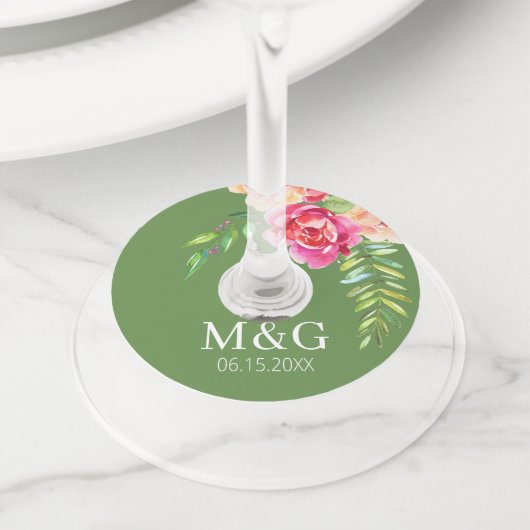 Weddenschap Gedekte Waterverf bloemen - Groen Roze Wijnglaslabel (Dichtbij)