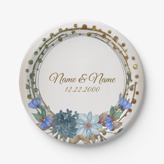 Weddenschap Gift Name Blue Floral Golden  Papieren Bordje (Voorkant)
