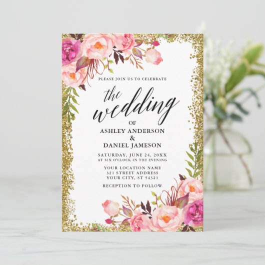 Weddenschap Glitter Pink Floral Kaart (Staand voorkant)