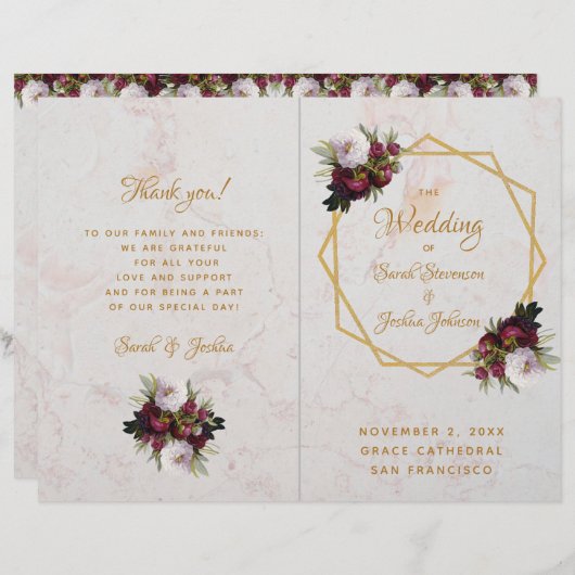 Weddenschap Gold Burgundy White Marble Peonies (Voorkant / Achterkant)