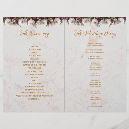 Weddenschap Gold Burgundy White Marble Peonies (Achterkant)