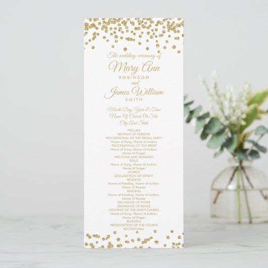 Weddenschap Gold Faux Glitter Confetti White Programmakaart (Staand voorkant)