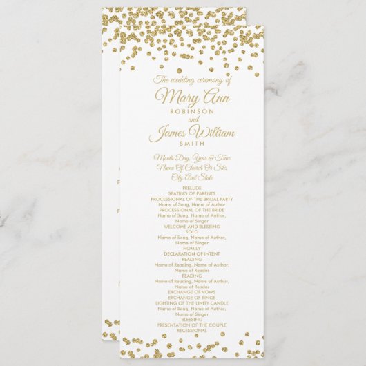 Weddenschap Gold Faux Glitter Confetti White Programmakaart (Voorkant / Achterkant)