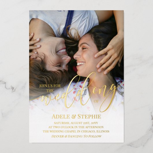 Weddenschap Gold Script-foto dubbelzijdig Folie Uitnodiging (Voorkant)