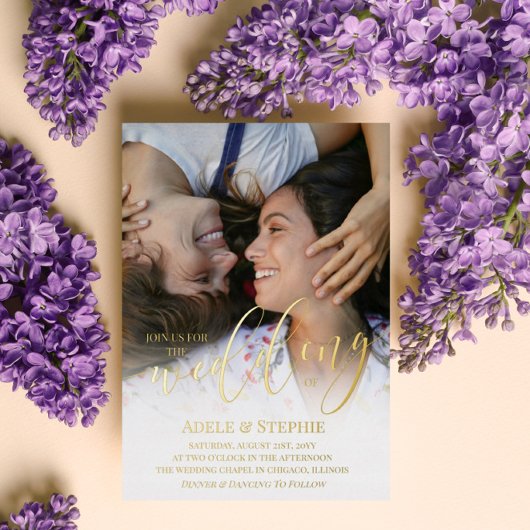 Weddenschap Gold Script-foto dubbelzijdig Folie Uitnodiging