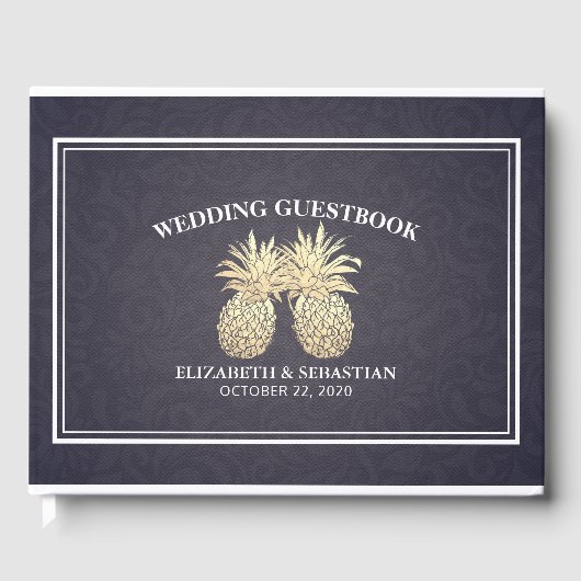 Weddenschap Goud-ananas Couple Navy Blue Gastenboek (Voorkant)