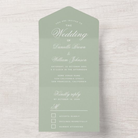 Weddenschap Green Elegant Script Calligraphy RSVP All In One Uitnodiging (Binnen)