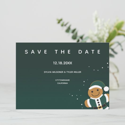 Weddenschap Green White Gingerbrood Santa Whimsica Save The Date (Staand voorkant)