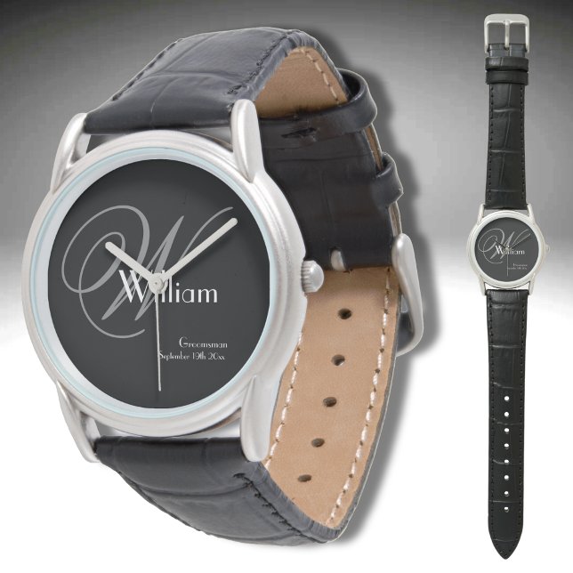 Weddenschap Groomsman Gift Modern Monogram Cool Sp Horloge (Great Groomsman Gift! Modern Monogram, Name, Date Cool Black Silver Leather Customized Sports Watch.)