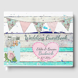 Weddenschap Guestbook Blauwgroen Rustic Wood Shabb Gastenboek