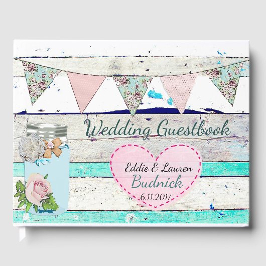 Weddenschap Guestbook Blauwgroen Rustic Wood Shabb Gastenboek (Voorkant)