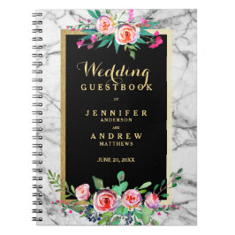 Weddenschap Guestbook Chic Gold Marble Pink Floral Notitieboek