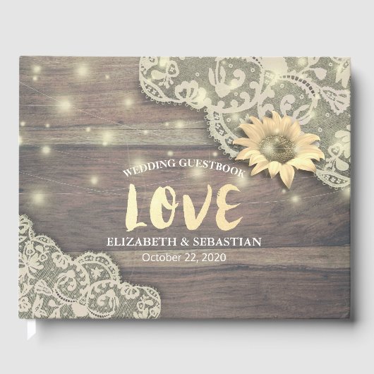Weddenschap Guestbook Lace Sunflower Rustic Wood L Gastenboek (Voorkant)