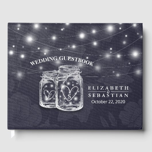 Weddenschap Guestbook Mason Jar String Light Navy  Gastenboek (Voorkant)