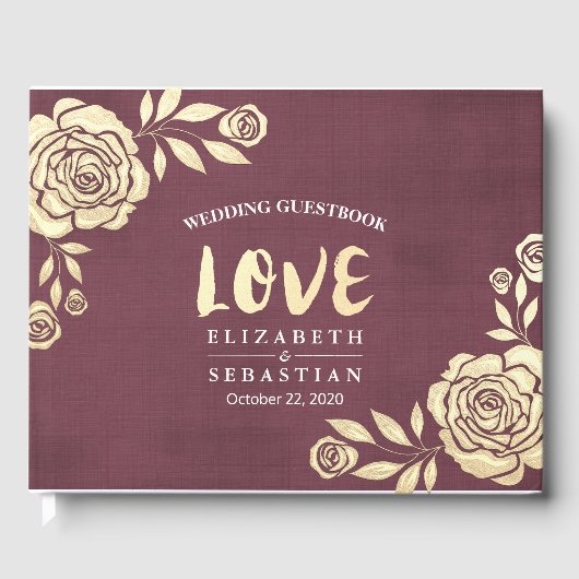 Weddenschap Guestbook Modern Golden Rozen Burgundy Gastenboek (Voorkant)