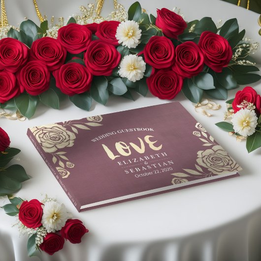 Weddenschap Guestbook Modern Golden Rozen Burgundy Gastenboek