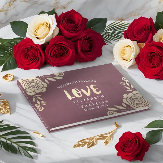 Weddenschap Guestbook Modern Golden Rozen Burgundy Gastenboek