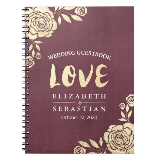 Weddenschap Guestbook Modern Golden Rozen Burgundy Notitieboek (Voorkant)