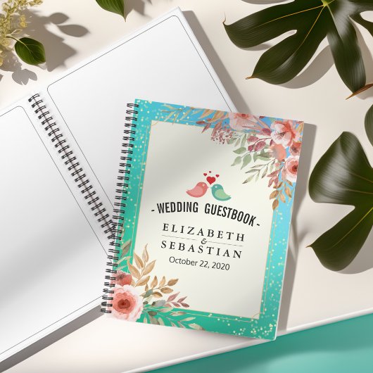 Weddenschap Guestbook Modern Pink Floral Blauwgroe Notitieboek