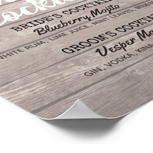 Weddenschap Handtekening Cocktail Drink Menu Houte Poster (Hoek)