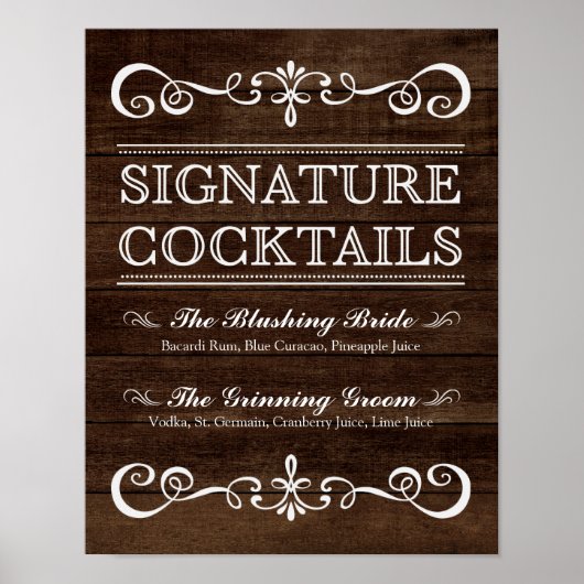 Weddenschap - Handtekening Cocktail Rustic Wedding Poster (Voorkant)